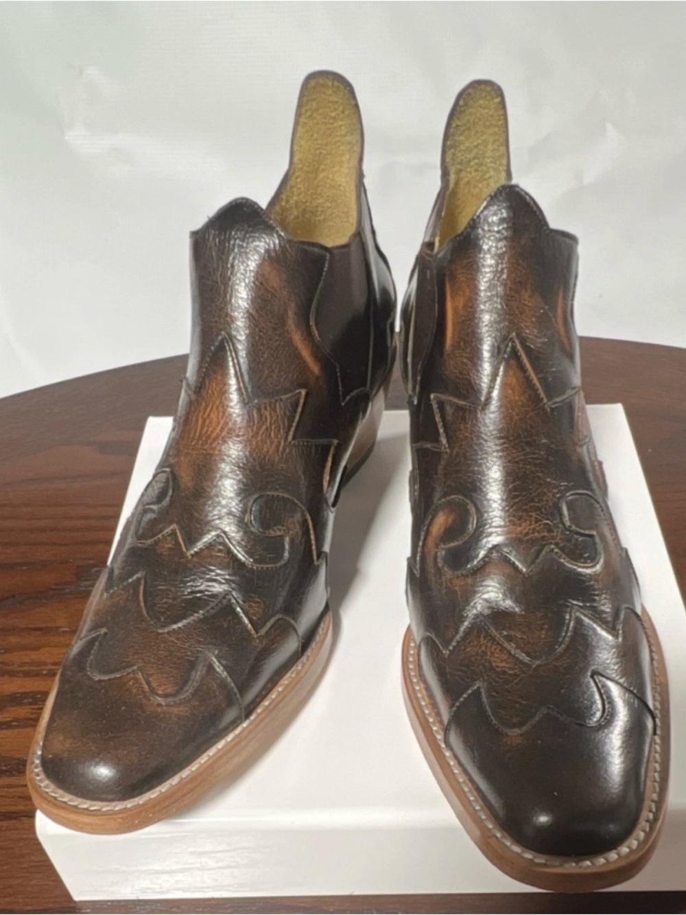 Women's Brown Leather Western Ankle Booties - Embossed Detail